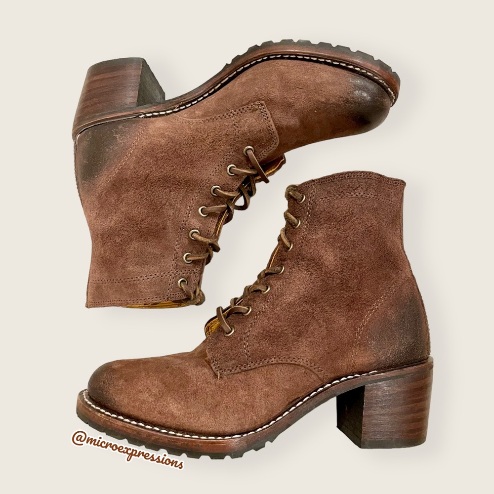 $428 Frye Sabrina 6G Lace Up Dark Brown Real Leather Suede Moto Combat AnkleBoot - Picture 13 of 14